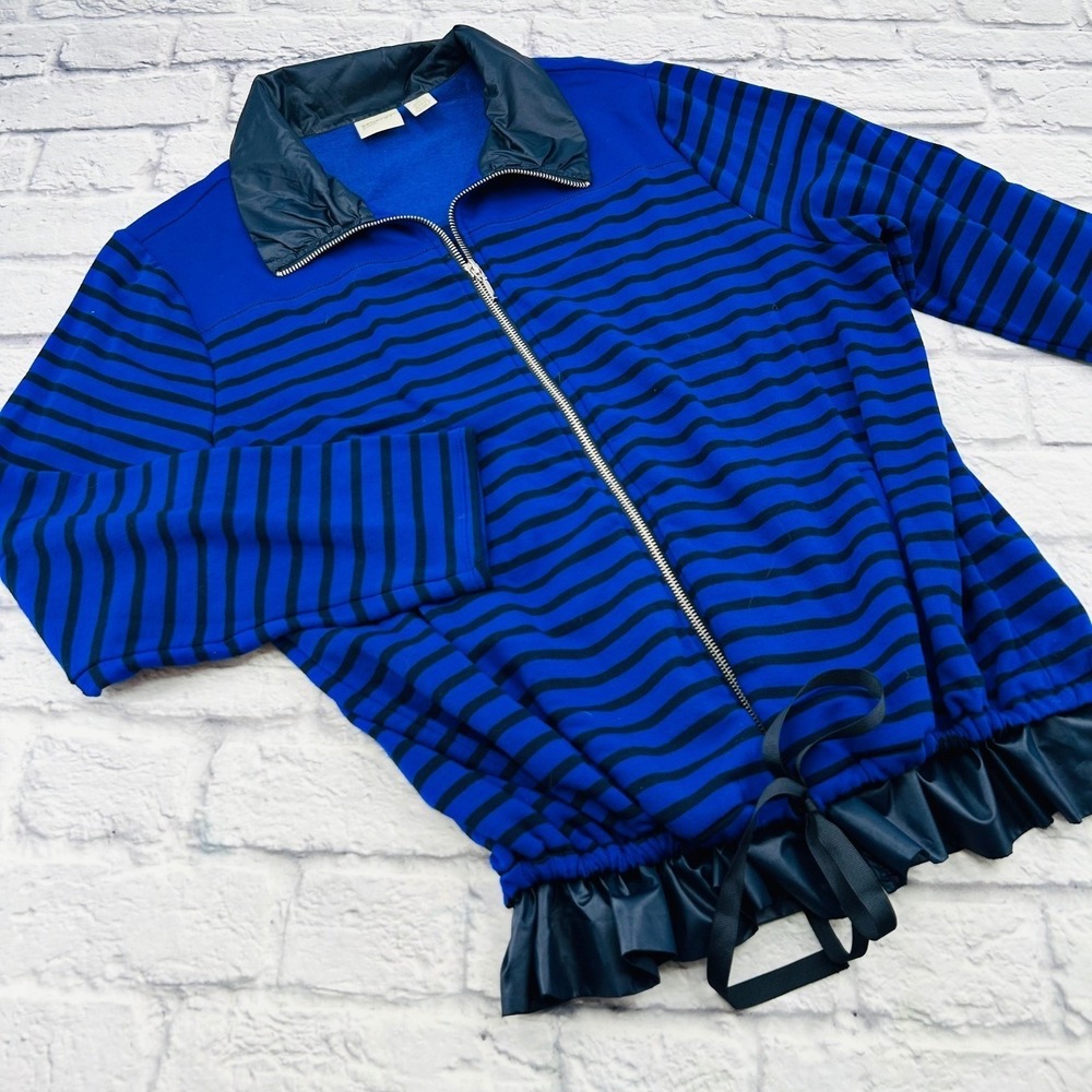 Zenergy by Chicos Blue Black Striped Full Zip Jacket Faux Leather Trim Ruffle 3